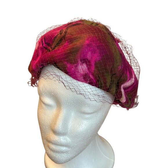 Vintage 1960\'s Union Made USA Velvet Cocktail Pillbox Hat Veil Magenta Green main image 4